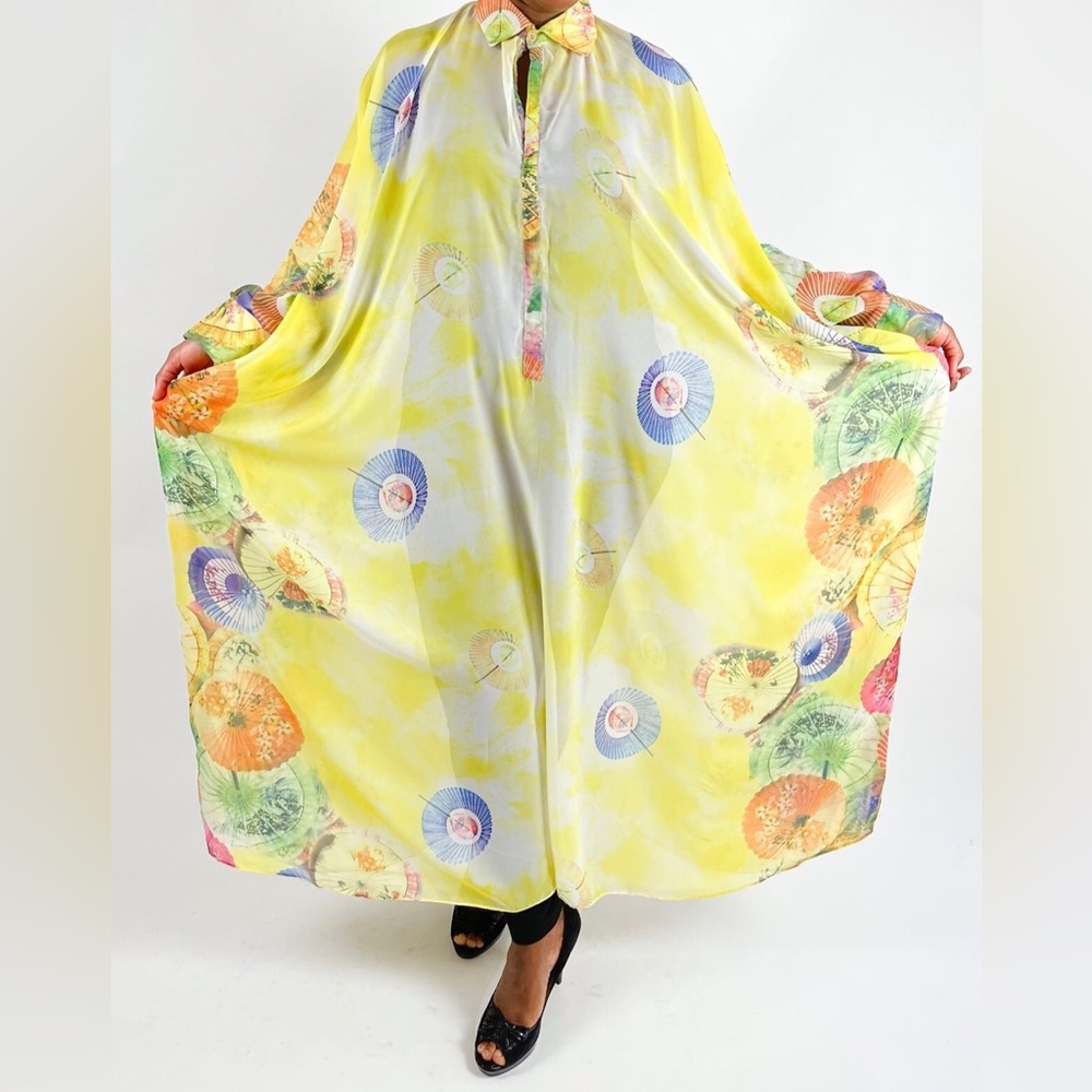 Yellow Multocolor Long Sleeve Chiffon Sheer Kaftan Maxi Dress